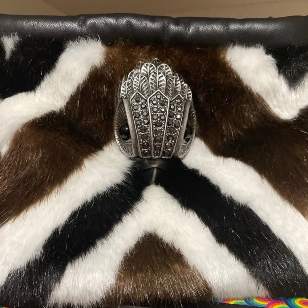 Kurt Geiger Black and Brown Chevron Faux Fur Crossbody Bag - Picture 2 of 4